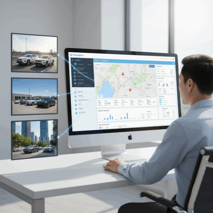 Fleet Safety Analytics system dashboard showing real-time vehicle tracking, alerts, and connected fleet images.
