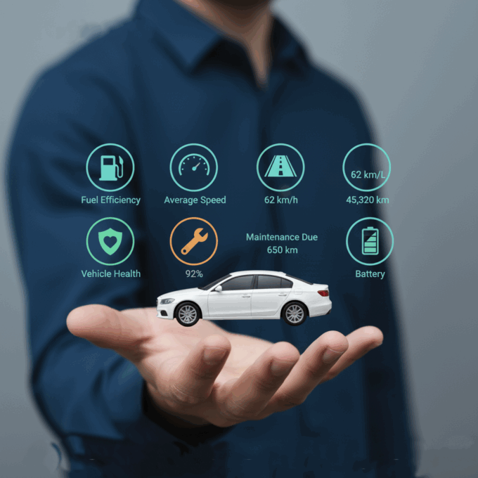 Fleetblox live fleet performance monitoring dashboard showing real-time metrics like fuel efficiency, average speed, vehicle health, and maintenance alerts.