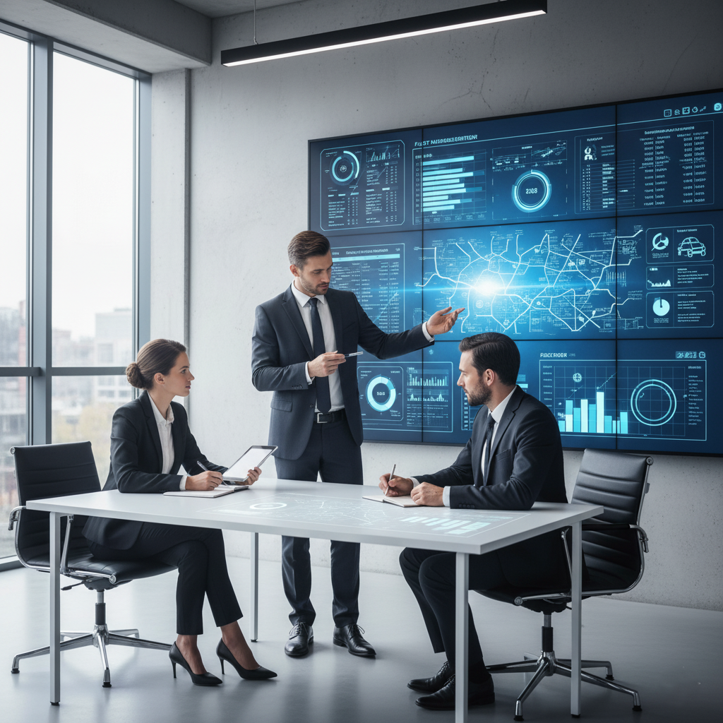 Fleet managers analyzing fleet performance dashboards and route data using Fleetblox’s AI-powered analytics tools in a modern office.
